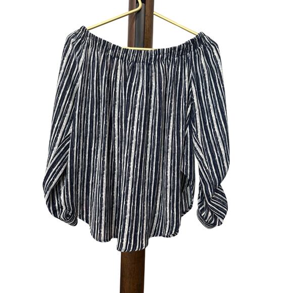 American Rag Navy White Stripe Off Shoulder Top Smocked Neck 3/4 Sleeve Sz S EUC - Picture 5 of 5